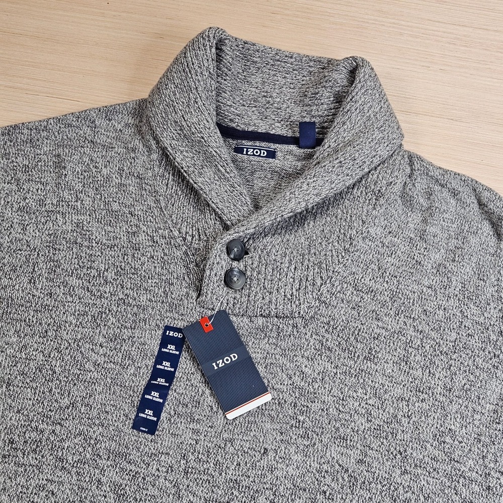 IZOD Shawl Collar Sweater Mens XXL Gray Neck Button Pullover Layering NEW